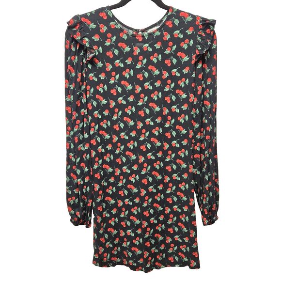 Reformation Bedford Mini Short Dress sz Small Cherry Fruits Ruffles Black Red - Picture 3 of 13